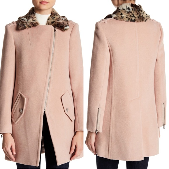 Rebecca Taylor Wool Pink Leopard Fur Collar Coat 0 - Picture 1 of 8